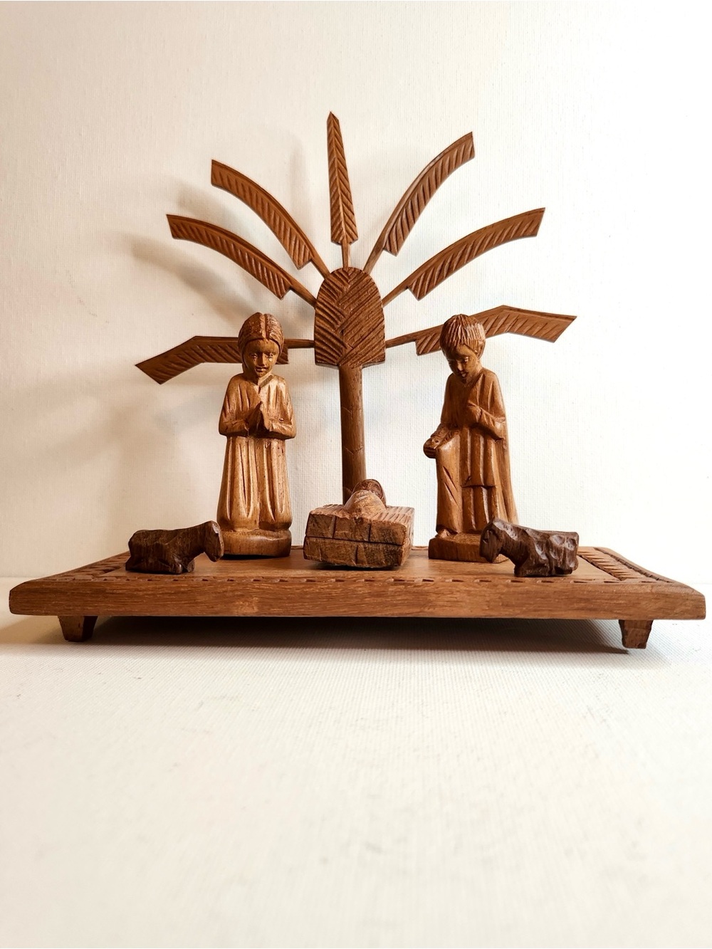 Hand Carved Wooden Nativity Set with Palm Tree, Madagascar, Holy Family, Animals